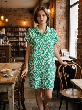 Berkley Jensen Ikat Print Button Front Shirt Dress